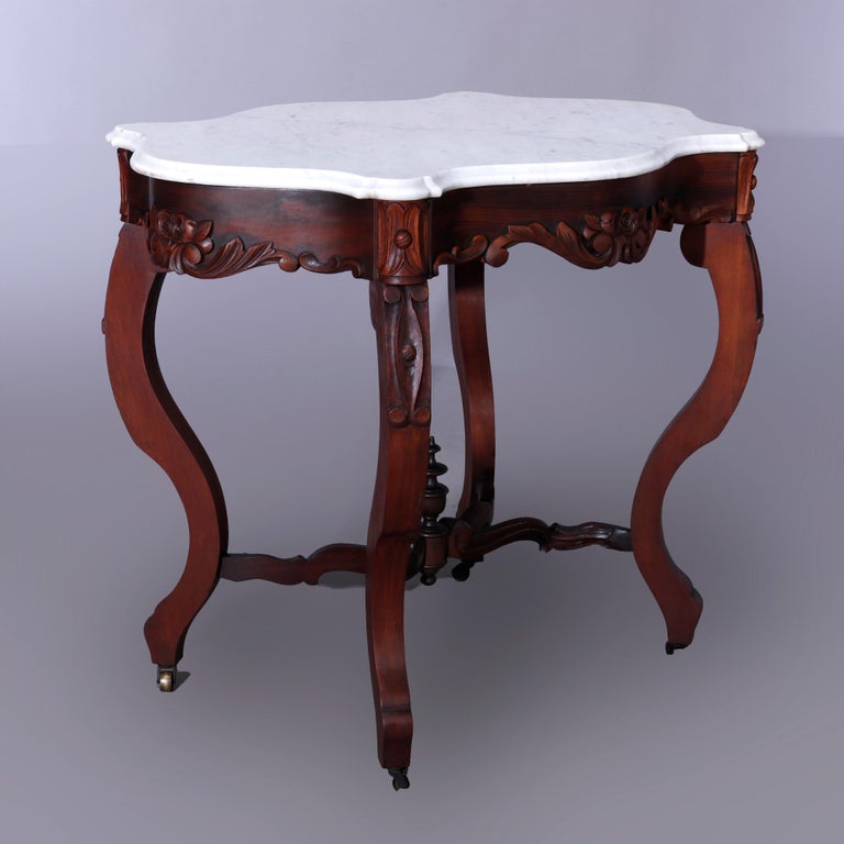 Antique Rococo Carved Walnut & Marble Turtle Top Parlor Table Circa 1880