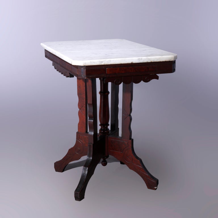 Antique Eastlake Walnut, Burl & Marble Parlor Table c1890