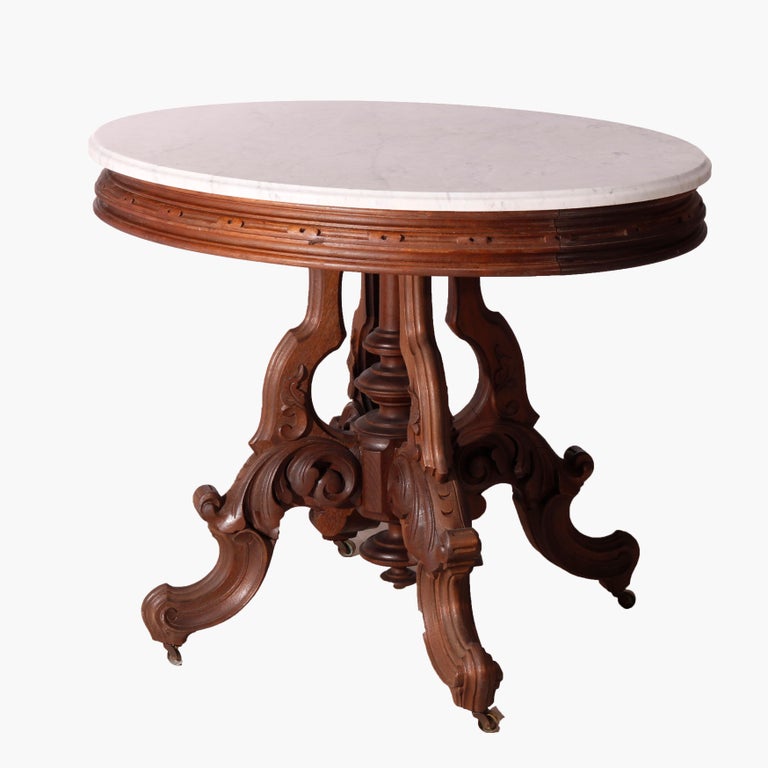 Oversized Antique Victorian Walnut Brooks Oval Marble Top Parlor Table 1890