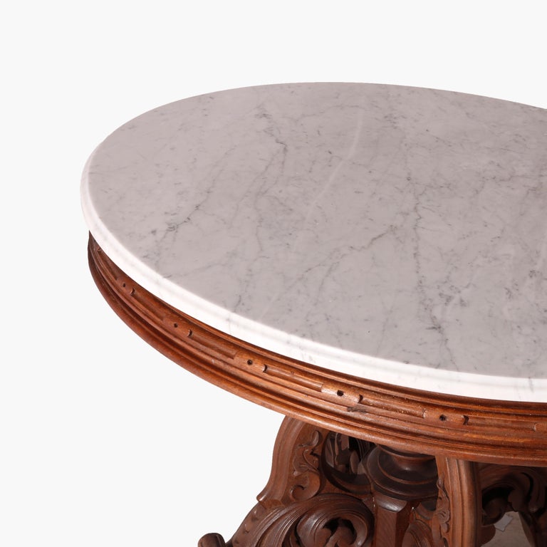 Oversized Antique Victorian Walnut Brooks Oval Marble Top Parlor Table 1890
