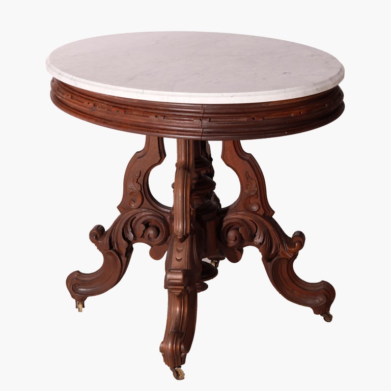 Oversized Antique Victorian Walnut Brooks Oval Marble Top Parlor Table 1890