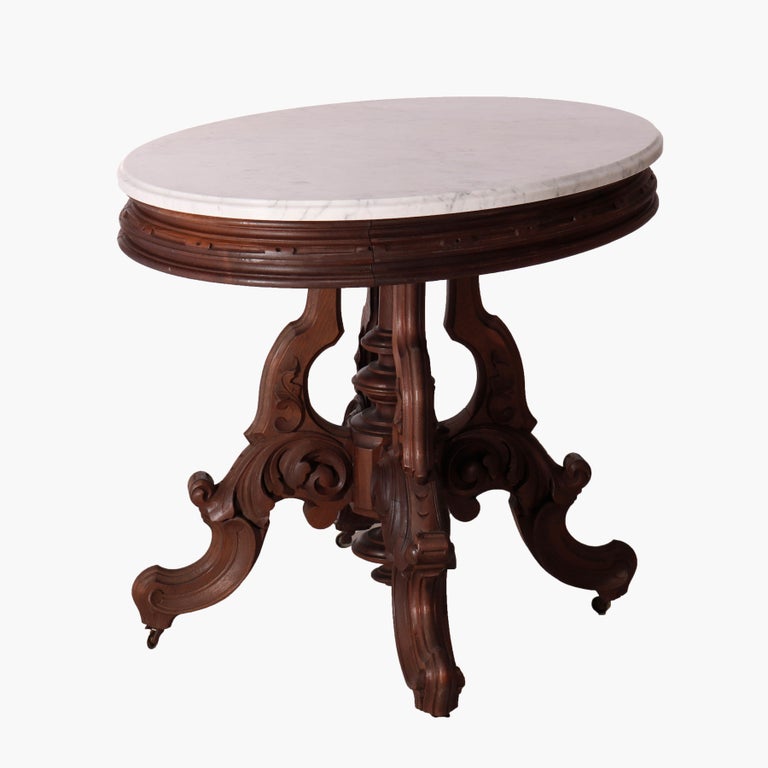 Oversized Antique Victorian Walnut Brooks Oval Marble Top Parlor Table 1890