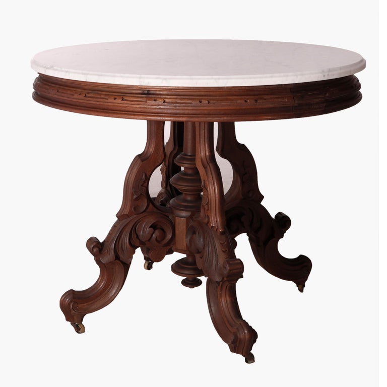 Oversized Antique Victorian Walnut Brooks Oval Marble Top Parlor Table 1890