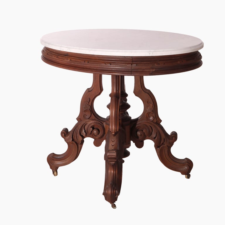 Oversized Antique Victorian Walnut Brooks Oval Marble Top Parlor Table 1890