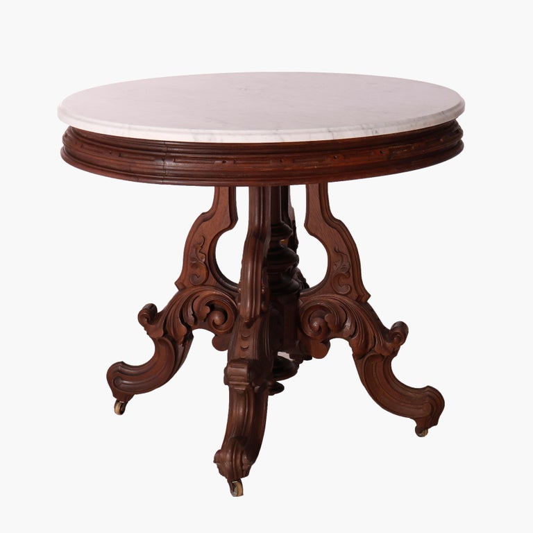 Oversized Antique Victorian Walnut Brooks Oval Marble Top Parlor Table 1890