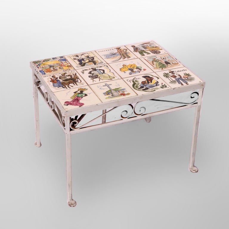 Antique Arts & Crafts Spanish Wrought Iron & Tile Top Table, Genre Scenes, 1930