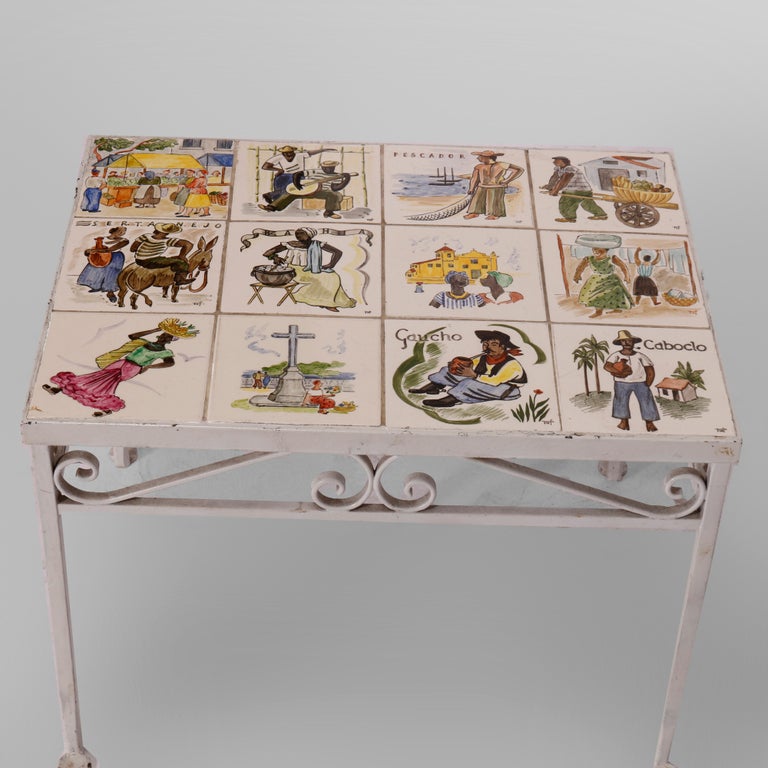 Antique Arts & Crafts Spanish Wrought Iron & Tile Top Table, Genre Scenes, 1930