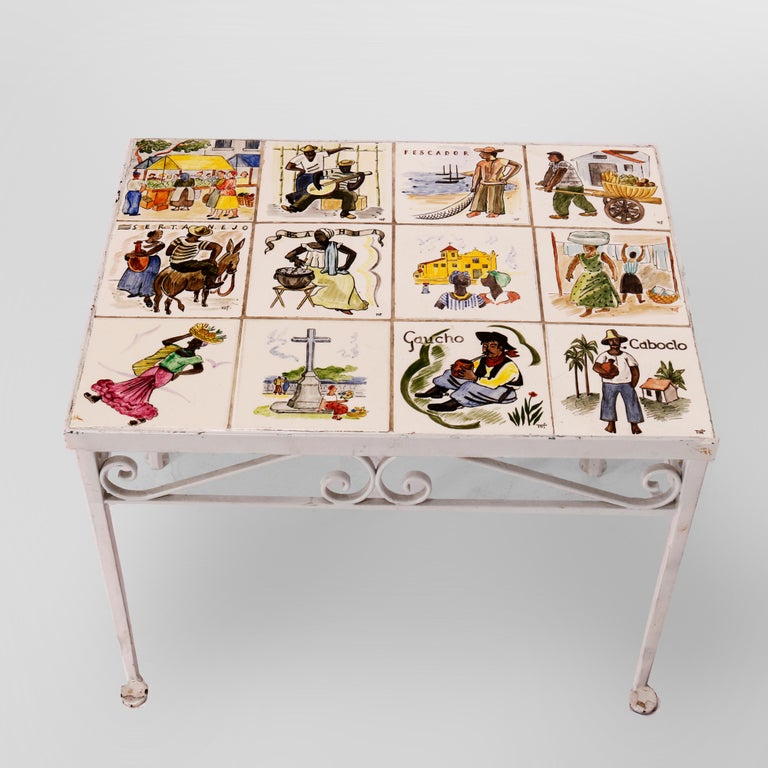 Antique Arts & Crafts Spanish Wrought Iron & Tile Top Table, Genre Scenes, 1930