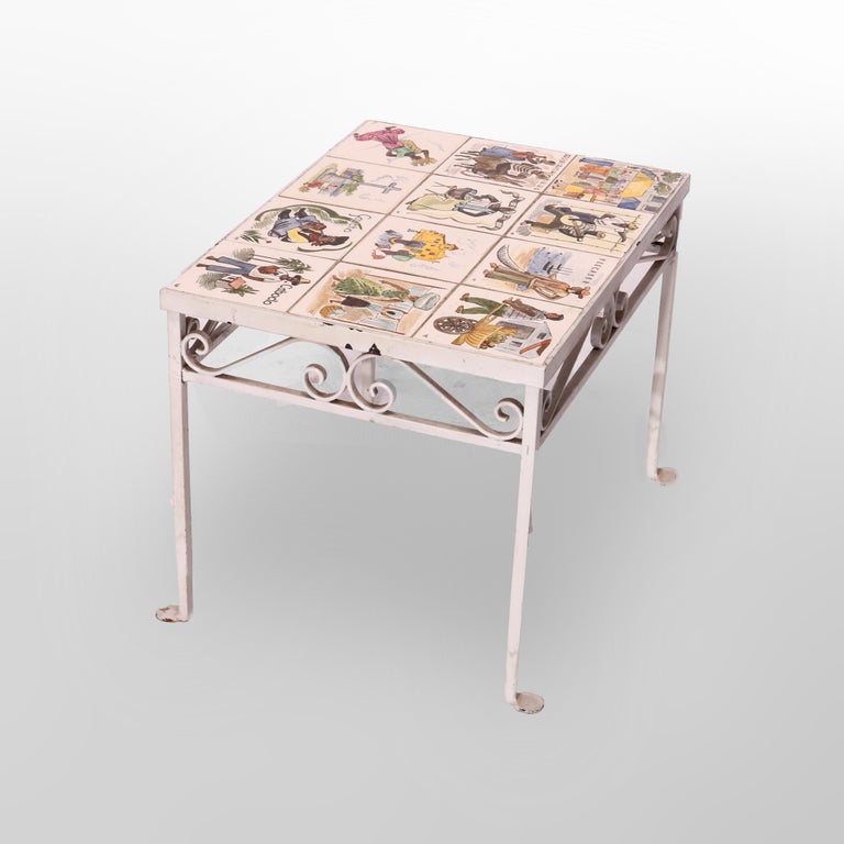 Antique Arts & Crafts Spanish Wrought Iron & Tile Top Table, Genre Scenes, 1930