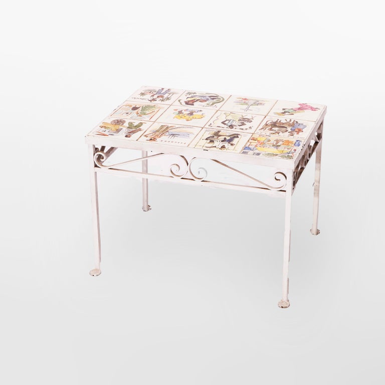 Antique Arts & Crafts Spanish Wrought Iron & Tile Top Table, Genre Scenes, 1930