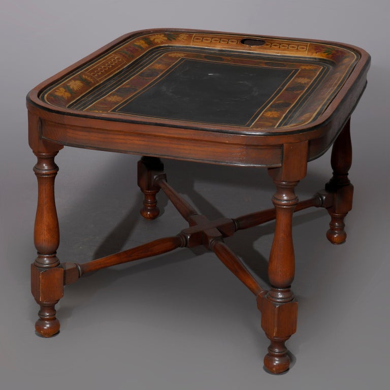 English Georgian Style Walnut Tea Table & Removable Toleware Serving Tray 20th