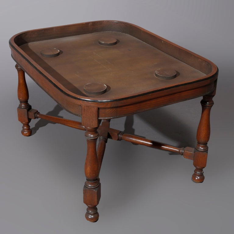 English Georgian Style Walnut Tea Table & Removable Toleware Serving Tray 20th