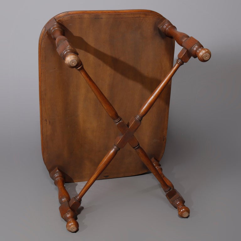 English Georgian Style Walnut Tea Table & Removable Toleware Serving Tray 20th