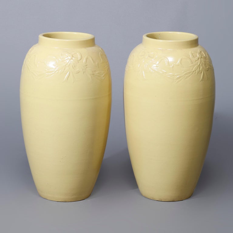 Pair Galloway Ribbon & Garland Embossed Art Pottery Floor Vases C1930