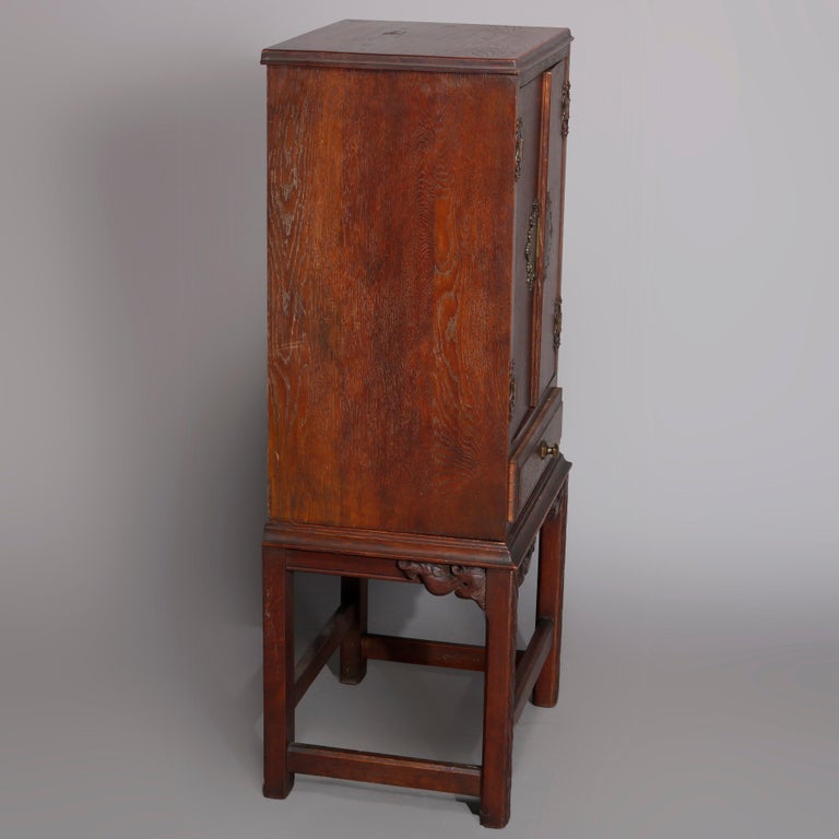 Arts & Crafts Style Carved Oak Cellaret with Figural Cast Phoenix Hardware C1910