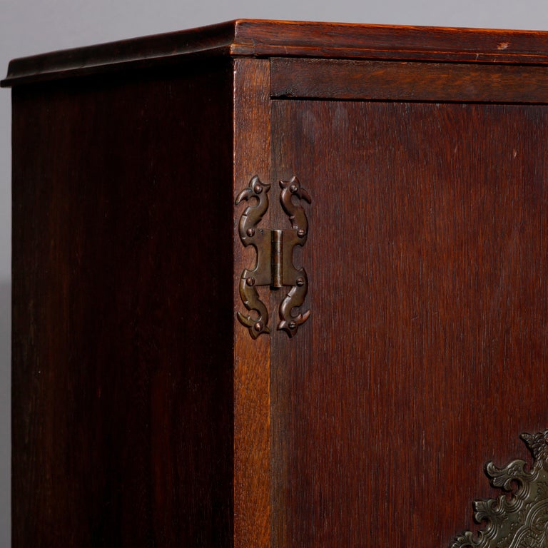 Arts & Crafts Style Carved Oak Cellaret with Figural Cast Phoenix Hardware C1910