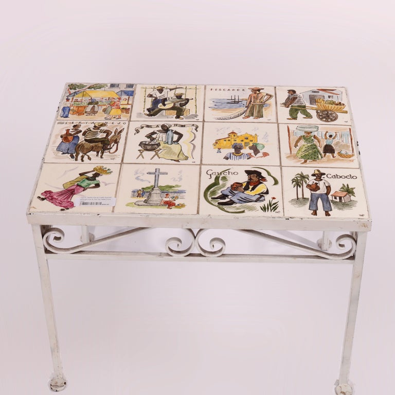 Antique Arts & Crafts Spanish Wrought Iron & Tile Top Table, Genre Scenes, 1930