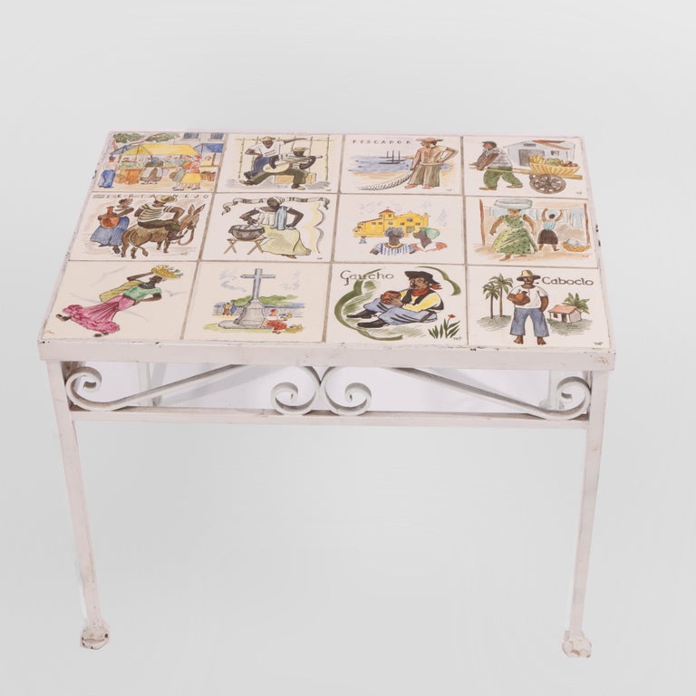 Antique Arts & Crafts Spanish Wrought Iron & Tile Top Table, Genre Scenes, 1930