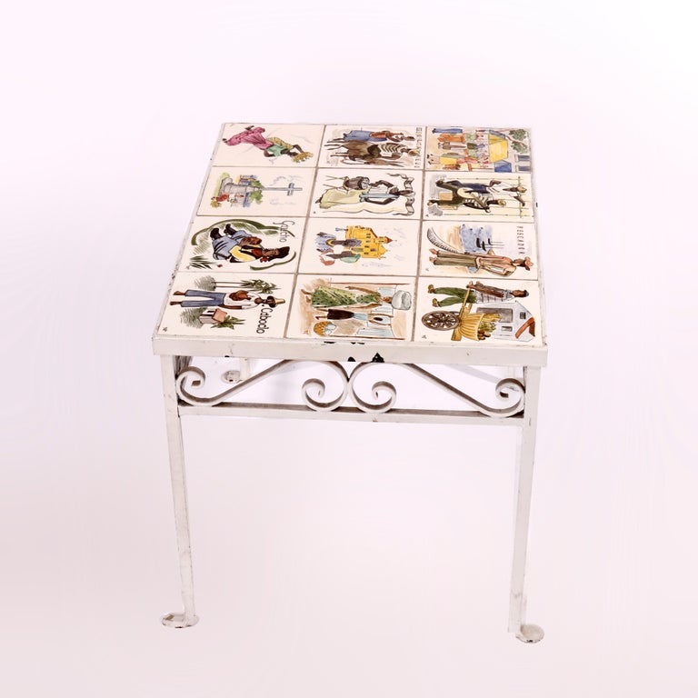 Antique Arts & Crafts Spanish Wrought Iron & Tile Top Table, Genre Scenes, 1930