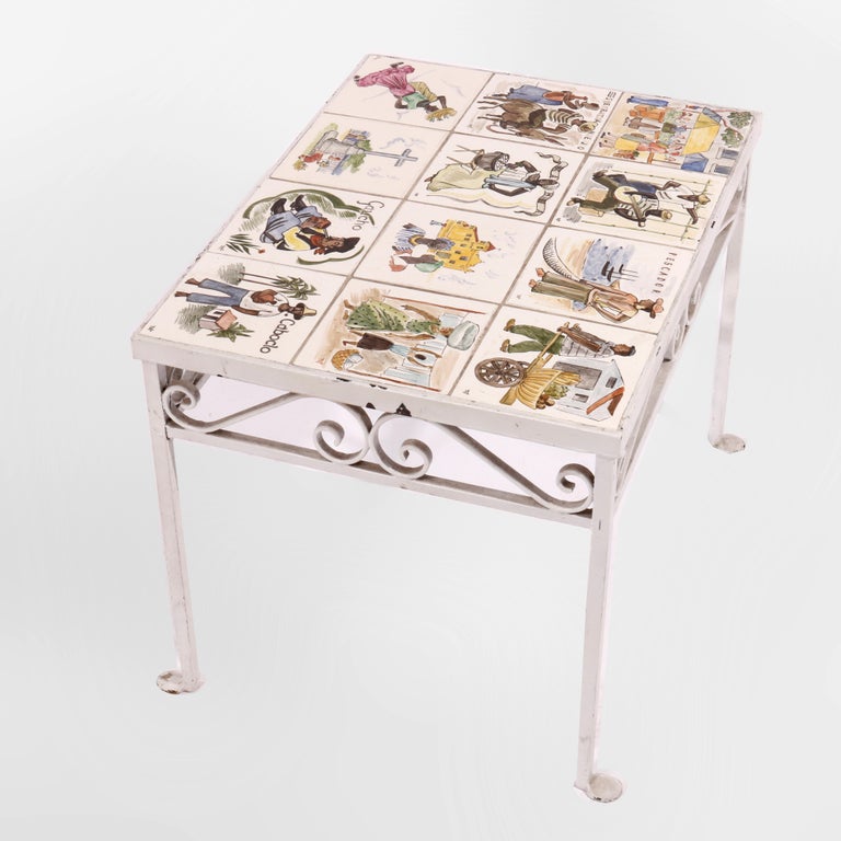 Antique Arts & Crafts Spanish Wrought Iron & Tile Top Table, Genre Scenes, 1930