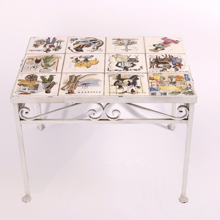 Antique Arts & Crafts Spanish Wrought Iron & Tile Top Table, Genre Scenes, 1930