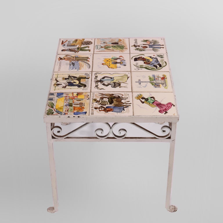 Antique Arts & Crafts Spanish Wrought Iron & Tile Top Table, Genre Scenes, 1930