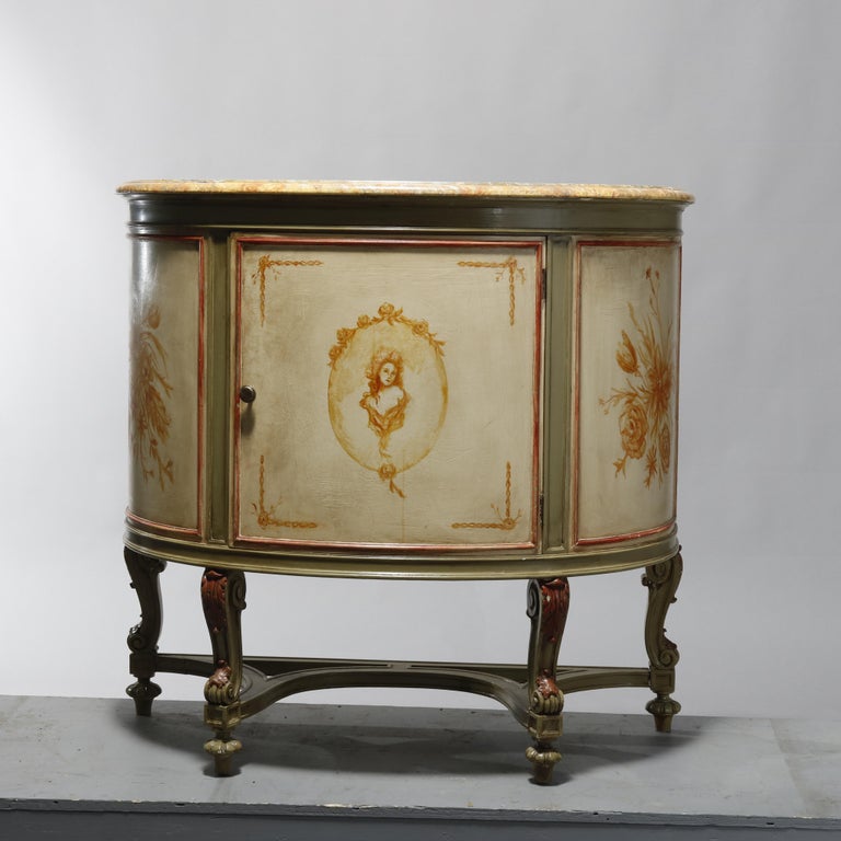 Antique French Louis XV Style Faux Painted Cameo Demilune Console Table, 20th C