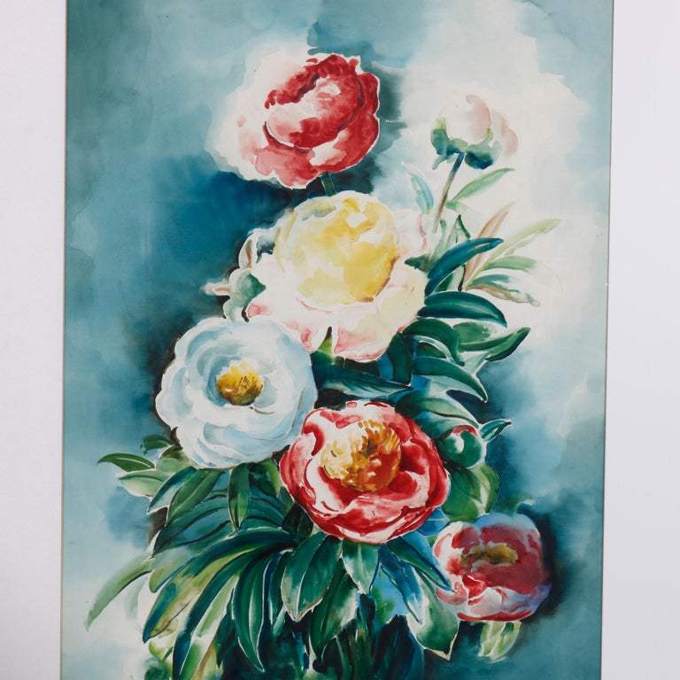 Oversized Vintage Floral Still Life Watercolor Painting, Peonies, Signed