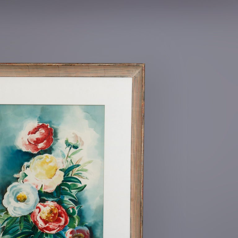 Oversized Vintage Floral Still Life Watercolor Painting, Peonies, Signed