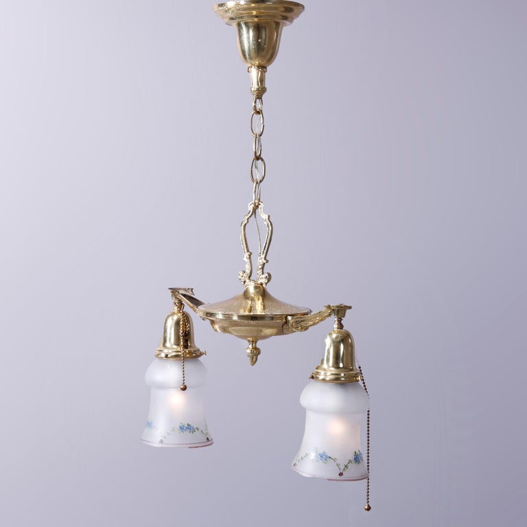 Antique Brass Two Drop-Light Hanging Ceiling Fixture, Circa 1920