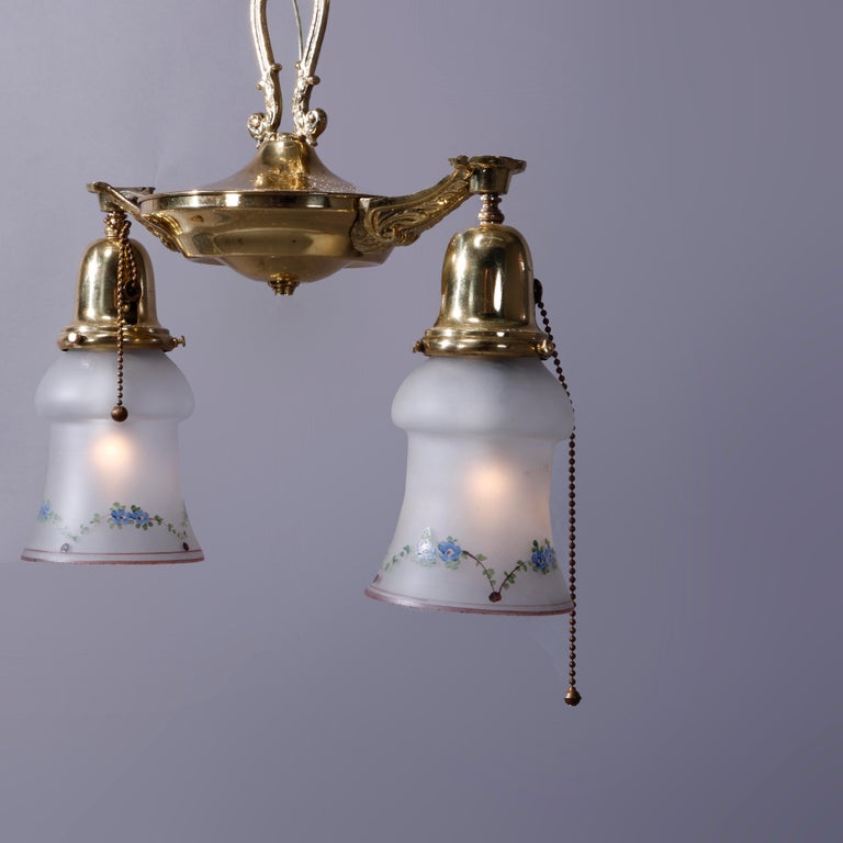 Antique Brass Two Drop-Light Hanging Ceiling Fixture, Circa 1920