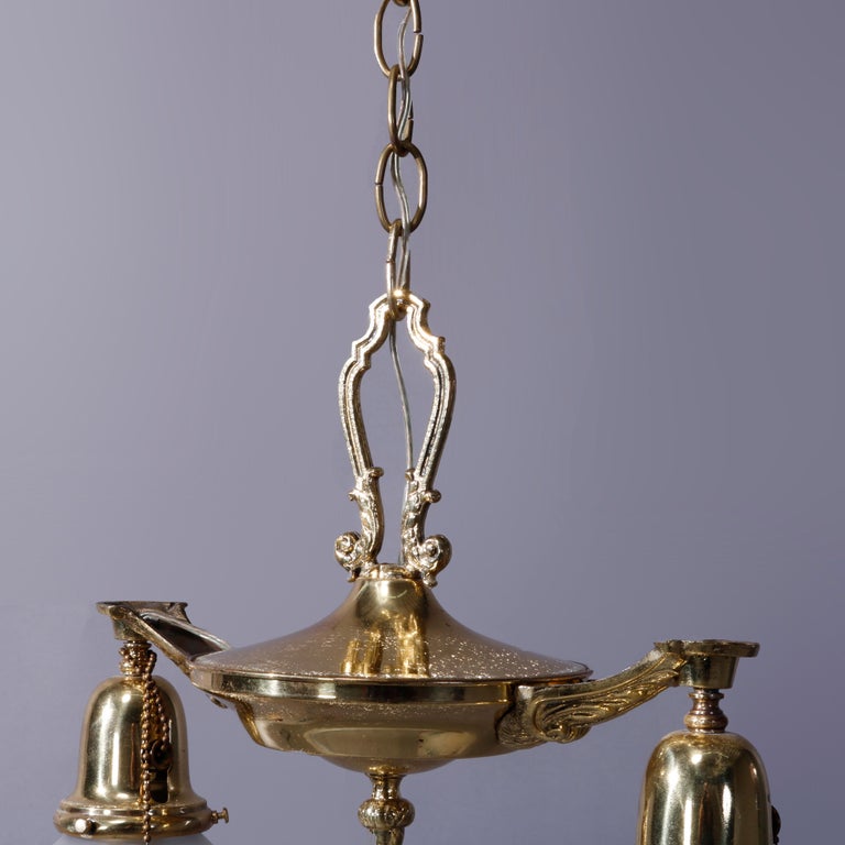 Antique Brass Two Drop-Light Hanging Ceiling Fixture, Circa 1920