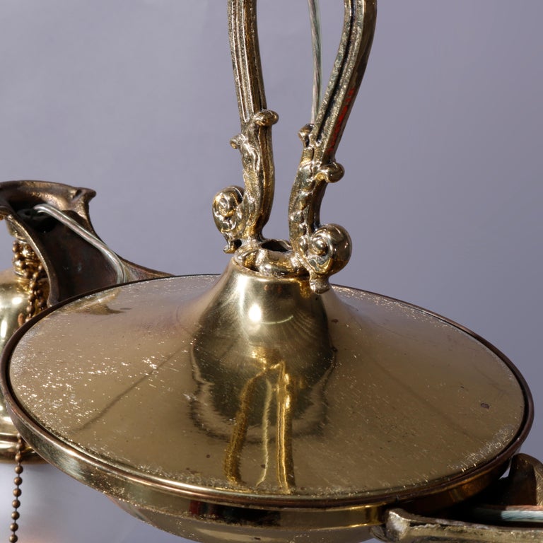 Antique Brass Two Drop-Light Hanging Ceiling Fixture, Circa 1920