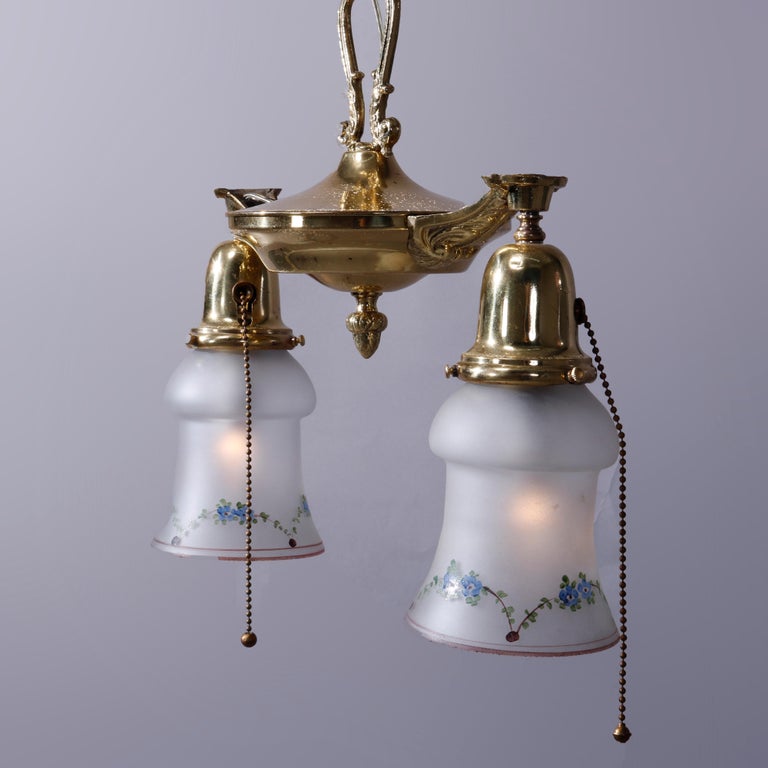 Antique Brass Two Drop-Light Hanging Ceiling Fixture, Circa 1920