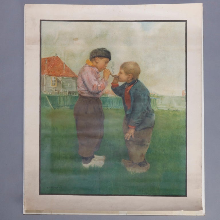 Antique French Genre Print after "Rokende Knapen" by Frantz Charlet, circa 1910