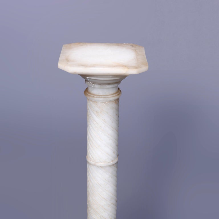 Antique Neoclassical Carved Alabaster Sculpture Pedestal, Rope Twist Form, 1890