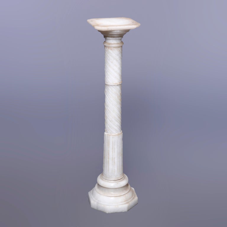 Antique Neoclassical Carved Alabaster Sculpture Pedestal, Rope Twist Form, 1890