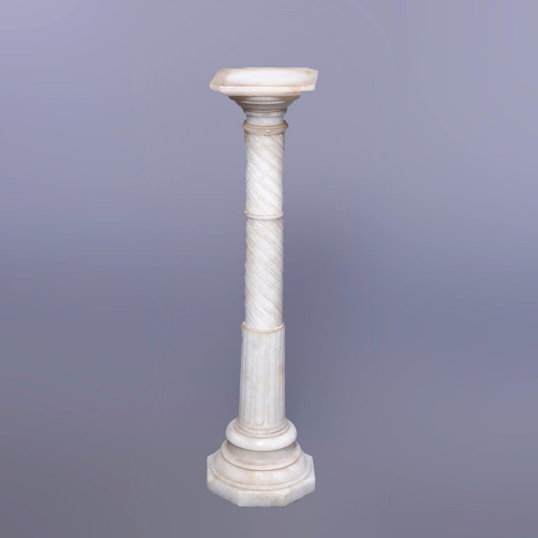 Antique Neoclassical Carved Alabaster Sculpture Pedestal, Rope Twist Form, 1890