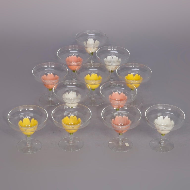 Twelve Hand Painted Art Glass Tulip Floral Form Margarita Stemware, circa 1950