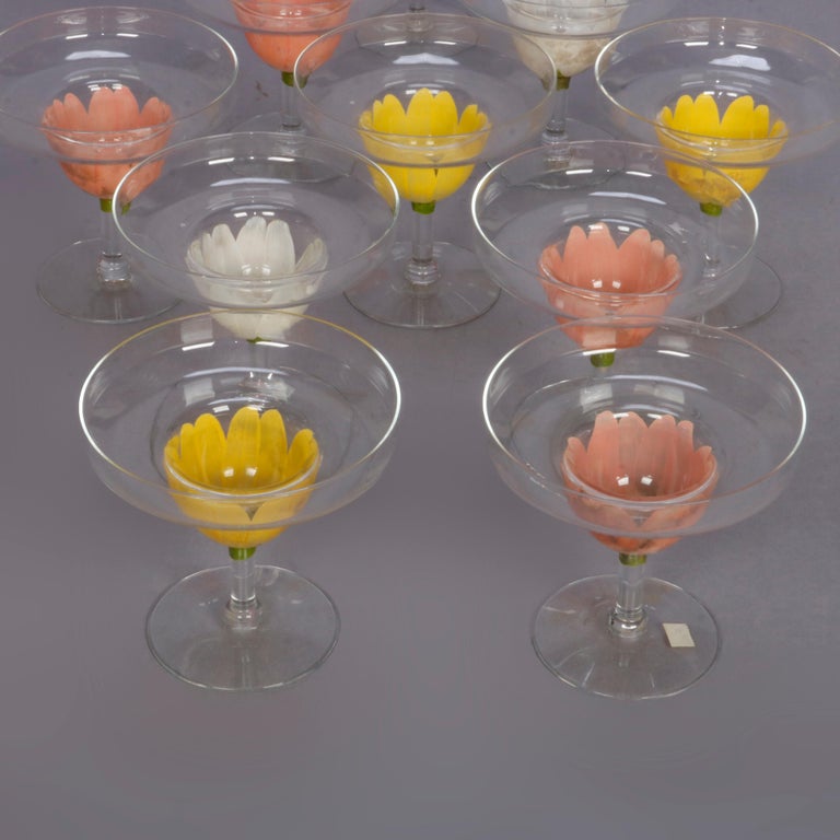 Twelve Hand Painted Art Glass Tulip Floral Form Margarita Stemware, circa 1950