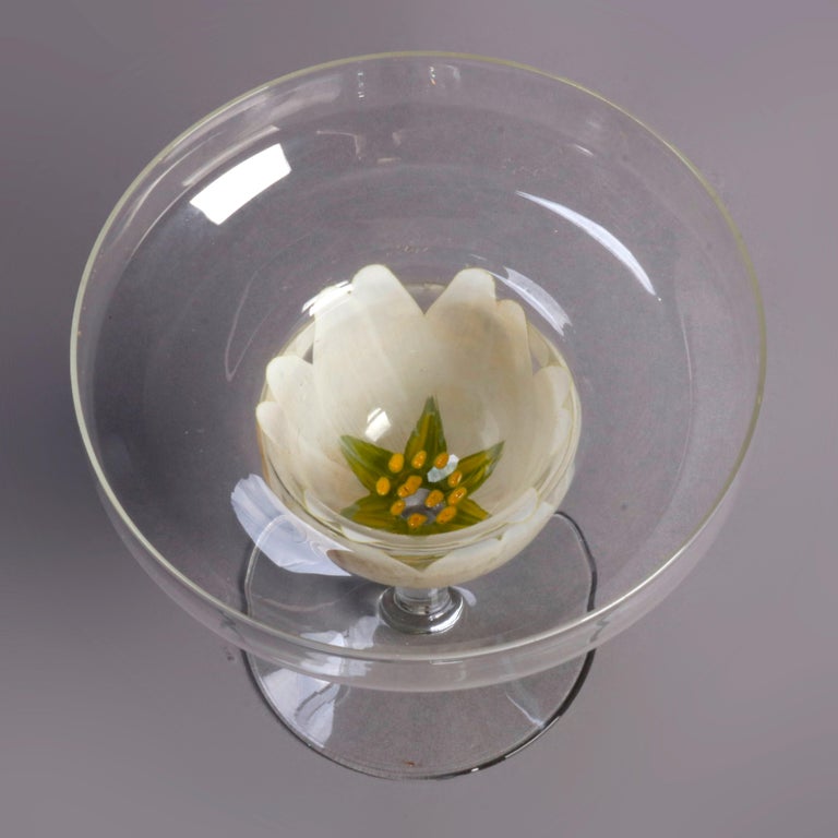 Twelve Hand Painted Art Glass Tulip Floral Form Margarita Stemware, circa 1950