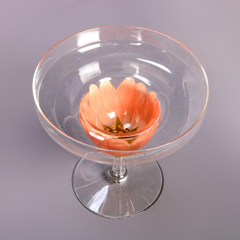 Twelve Hand Painted Art Glass Tulip Floral Form Margarita Stemware, circa 1950