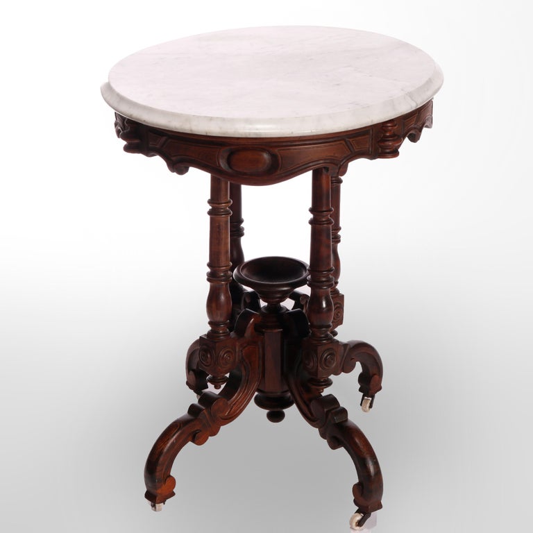 Antique Victorian Carved Rosewood & Marble Parlor Table, C1880