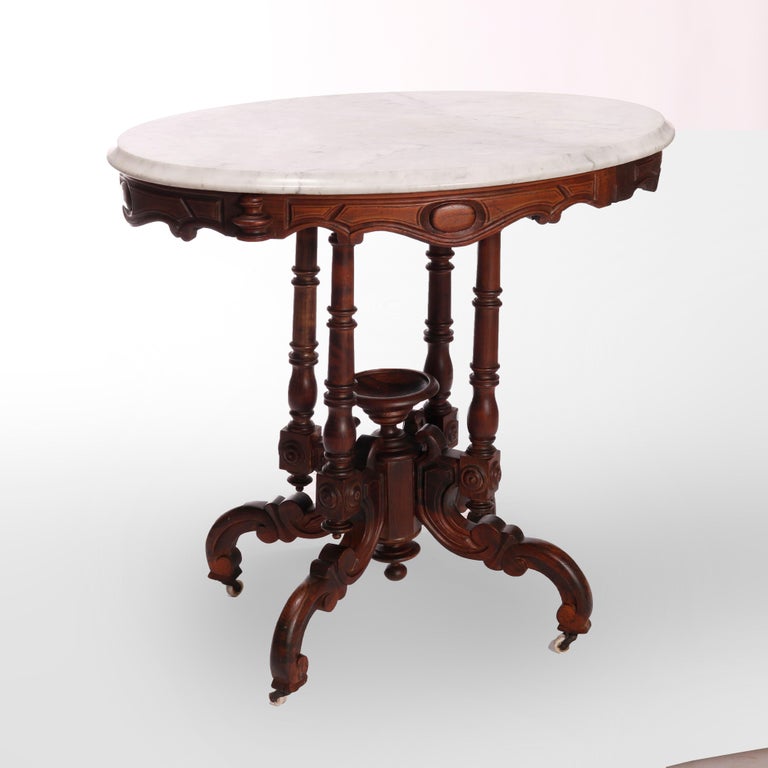 Antique Victorian Carved Rosewood & Marble Parlor Table, C1880