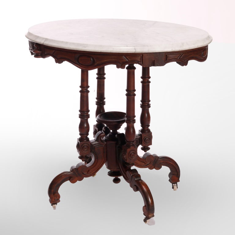 Antique Victorian Carved Rosewood & Marble Parlor Table, C1880