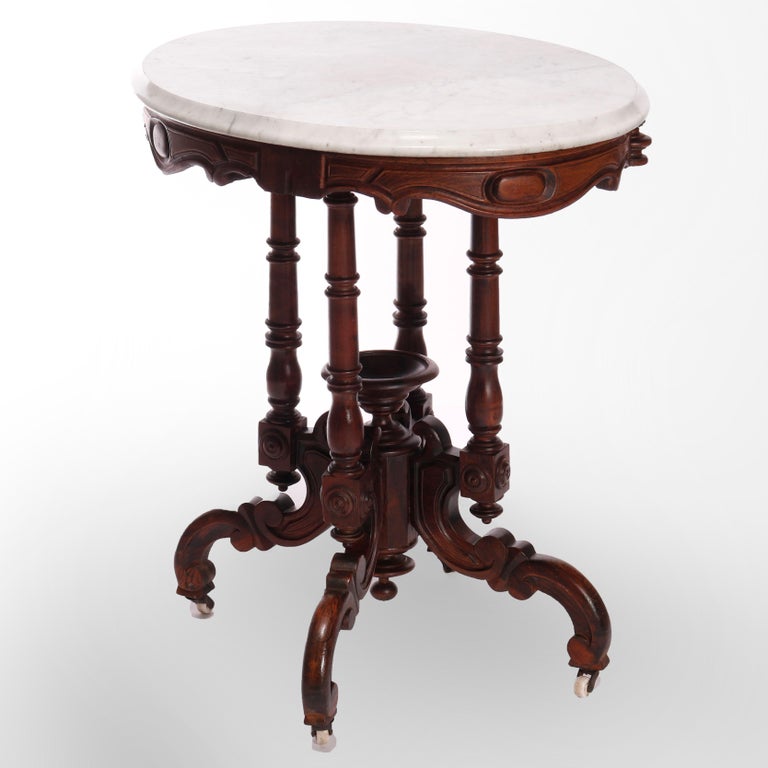 Antique Victorian Carved Rosewood & Marble Parlor Table, C1880