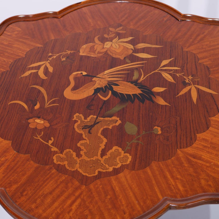 Antique Heron Satinwood Marquetry Scalloped Triple Pedestal Side Tables, c1930