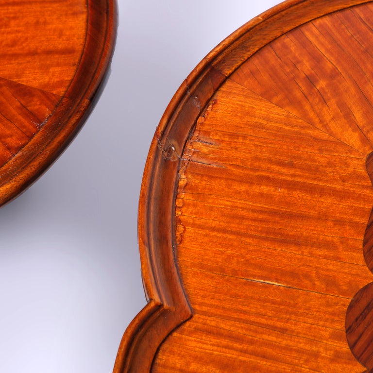 Antique Heron Satinwood Marquetry Scalloped Triple Pedestal Side Tables, c1930