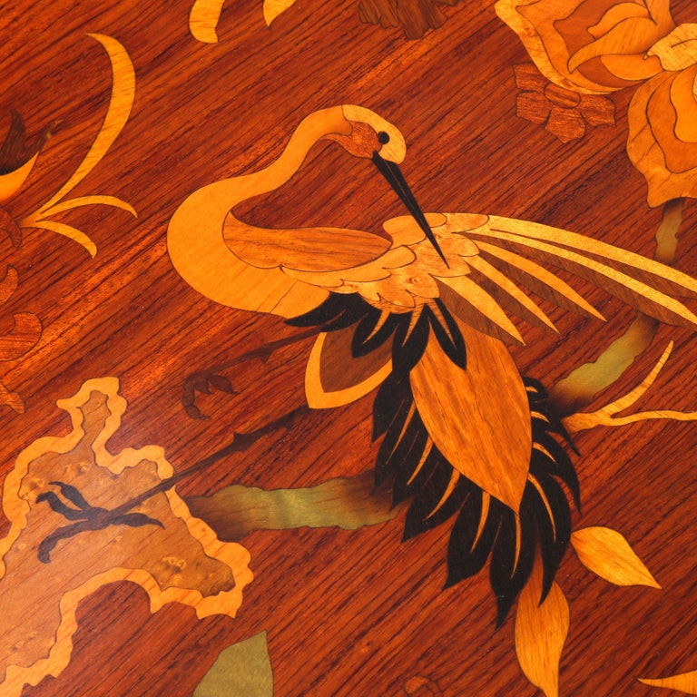 Antique Heron Satinwood Marquetry Scalloped Triple Pedestal Side Tables, c1930