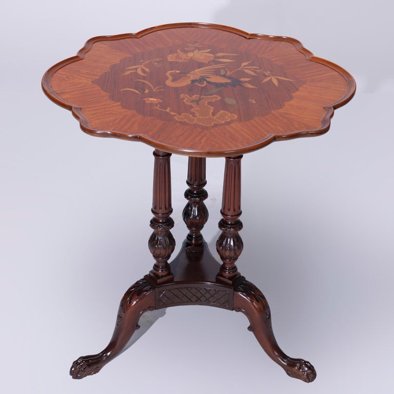 Antique Heron Satinwood Marquetry Scalloped Triple Pedestal Side Tables, c1930